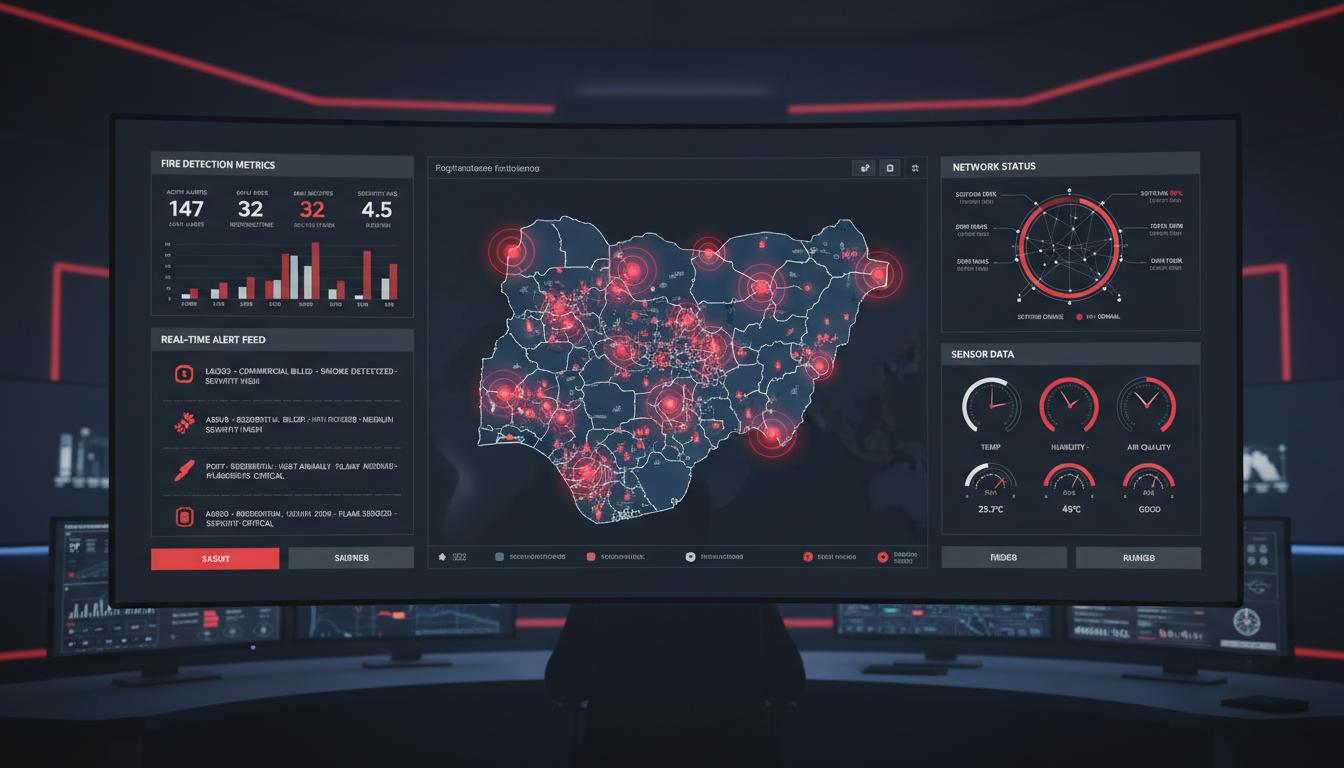 NAFDAS Central Monitoring Dashboard showing real-time fire detection alerts across Nigeria